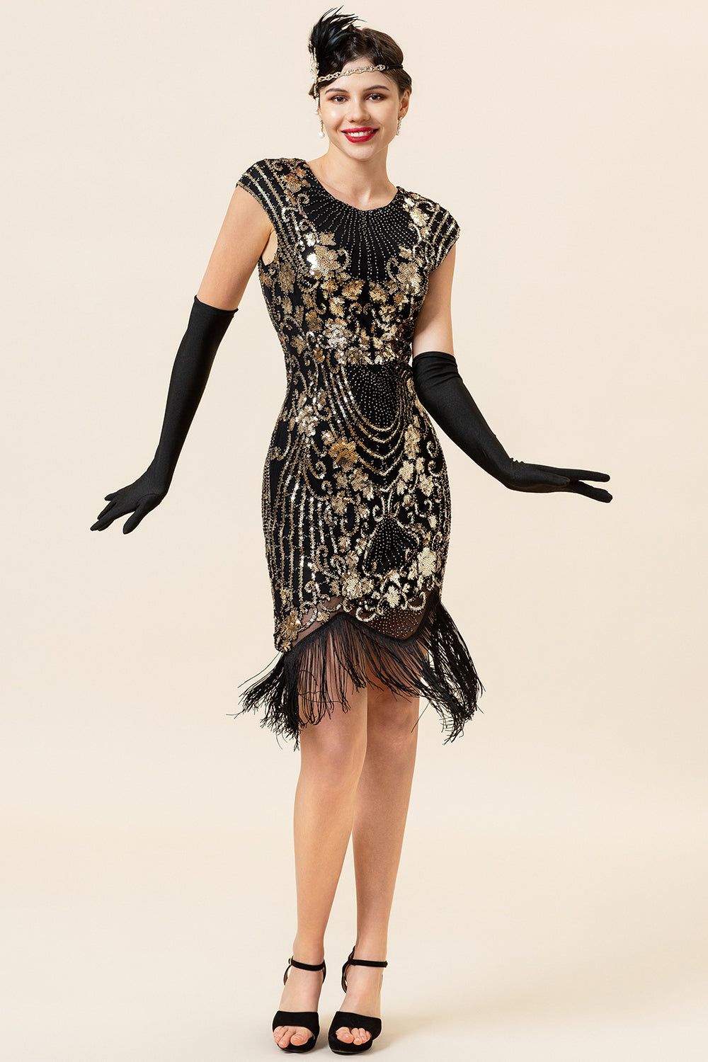 Black and Golden Cap Sleeves Sequined Fringes 1920s Gatsby Flapper Dress with 20s Accessories Set sold by Zapaka product image thumbnail 2
