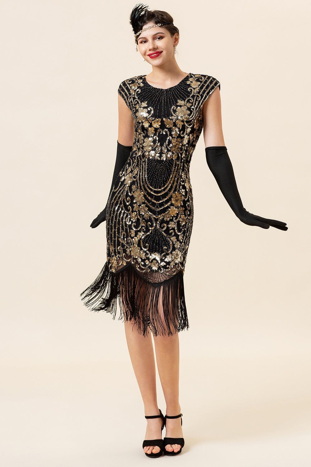 Black and Golden Cap Sleeves Sequined Fringes 1920s Gatsby Flapper Dress with 20s Accessories Set sold by Zapaka product image thumbnail 6