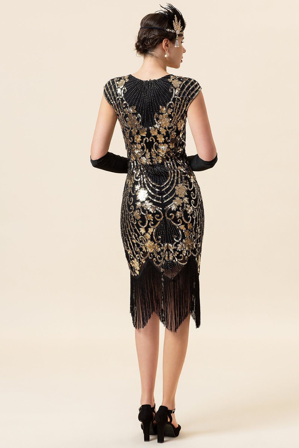 Black and Golden Cap Sleeves Sequined Fringes 1920s Gatsby Flapper Dress with 20s Accessories Set sold by Zapaka product image thumbnail 3