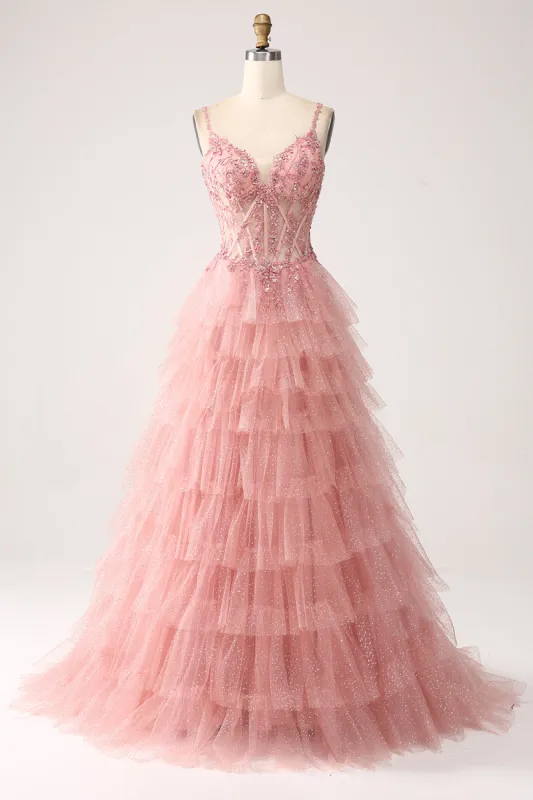 Blush A-Line Spaghetti Straps Tiered Tulle Corset Long Prom Dress sold by Zapaka