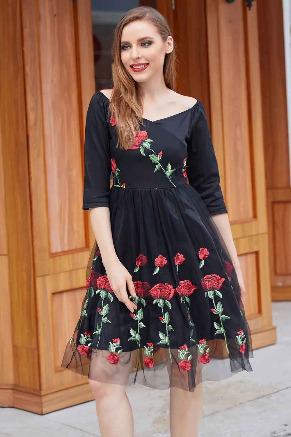 Black V Neck Vintage Dress with Rose Embroidery sold by Zapaka product image thumbnail 5