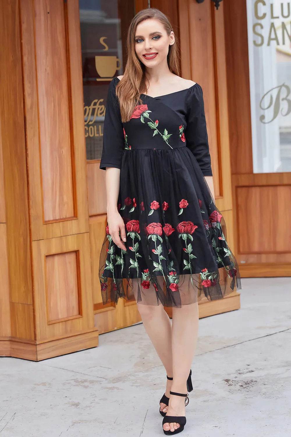 Black V Neck Vintage Dress with Rose Embroidery sold by Zapaka product image thumbnail 3