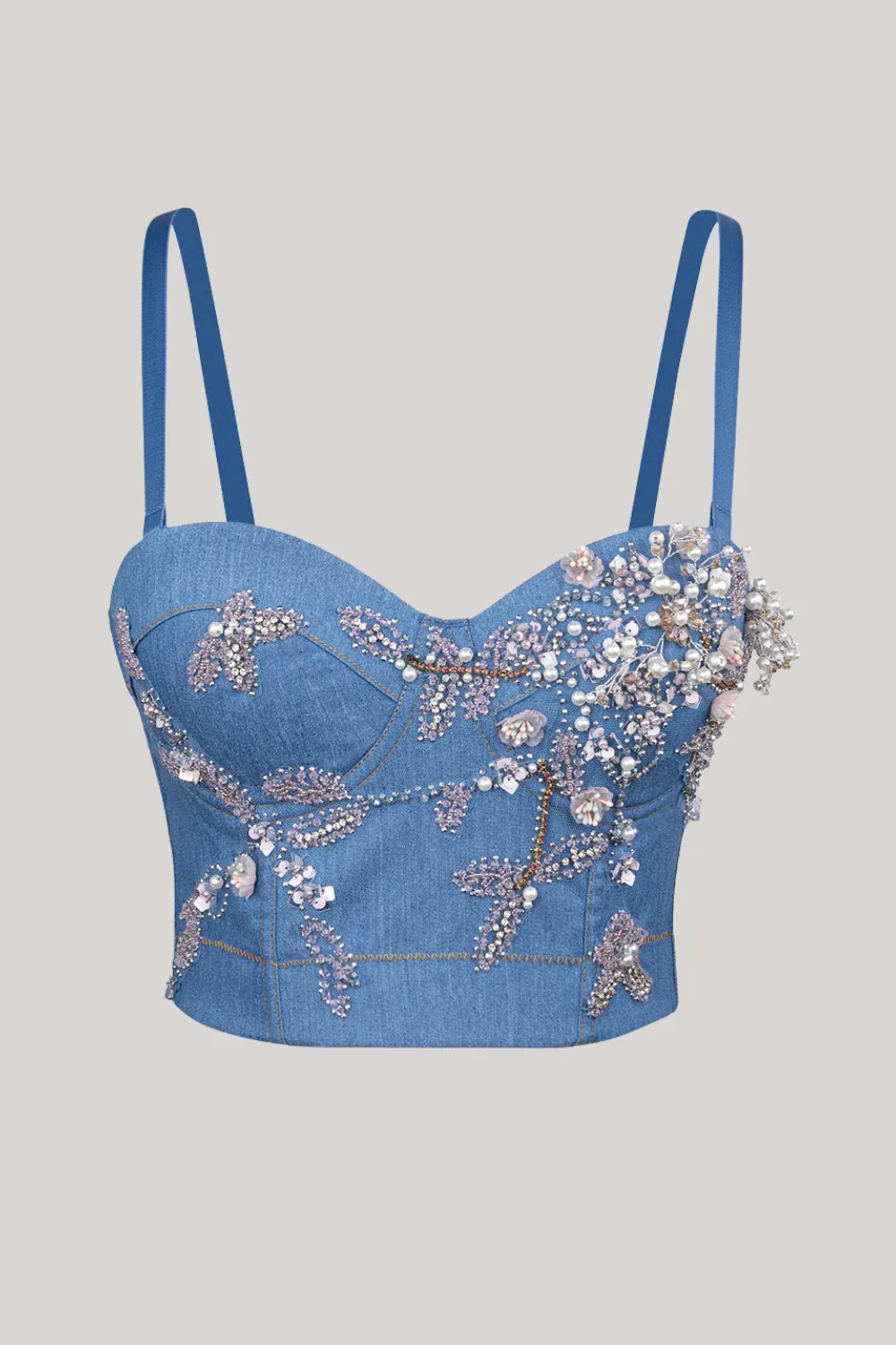 Sparkly Beaded Blue Jeans Corset Top sold by Zapaka
