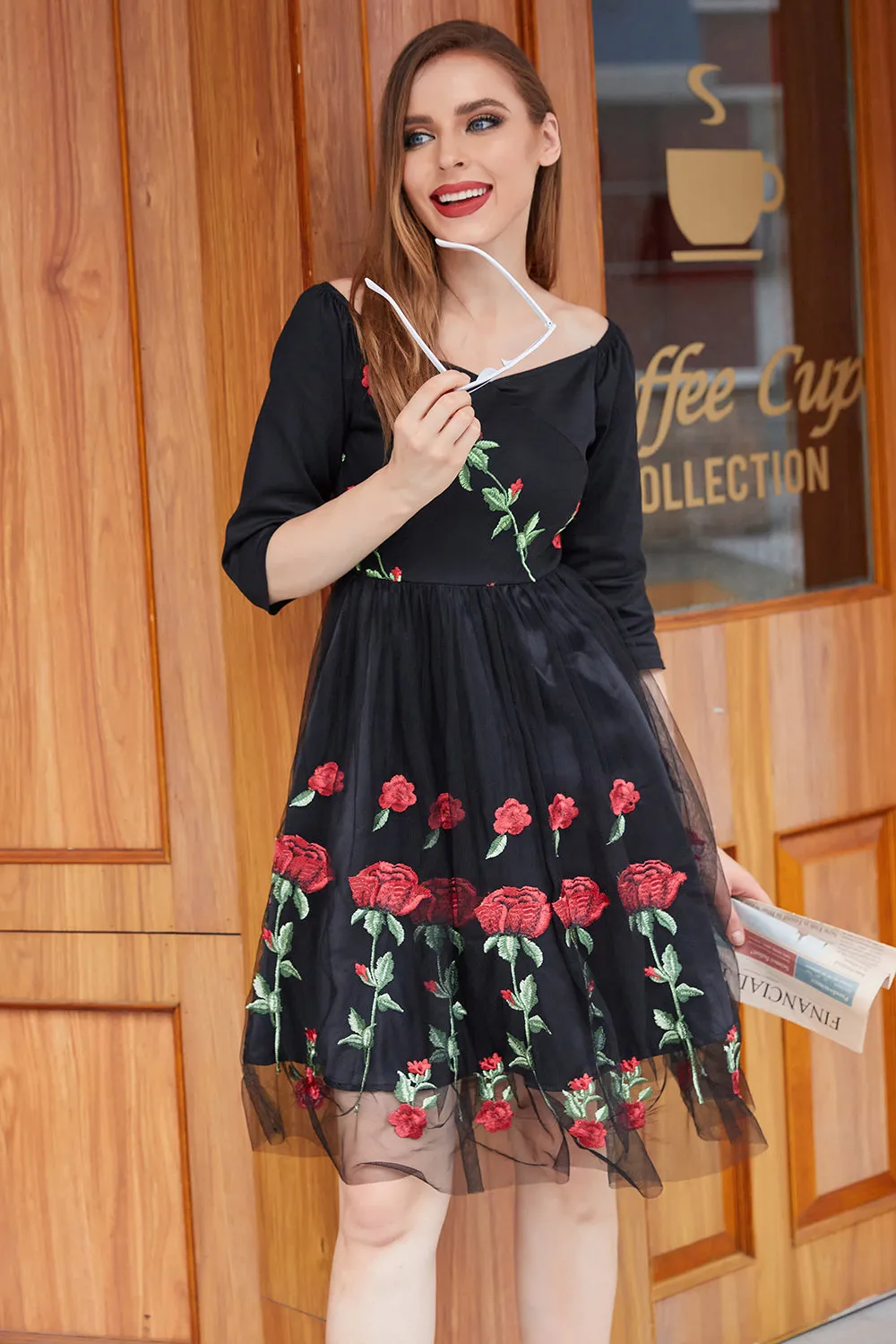 Black V Neck Vintage Dress with Rose Embroidery sold by Zapaka product image thumbnail 4