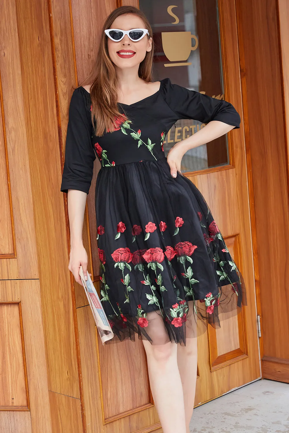 Black V Neck Vintage Dress with Rose Embroidery sold by Zapaka