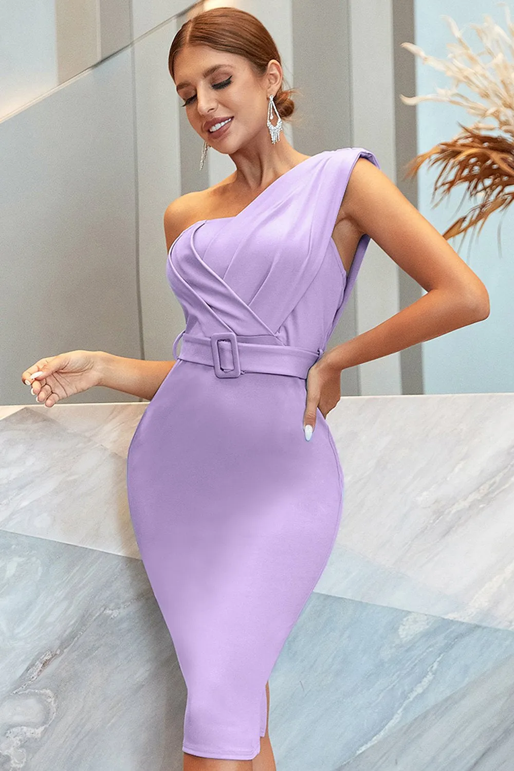 Lilac One Shoulder Ruched Bodycon Cocktail Dress With Belt sold by Zapaka product image thumbnail 3