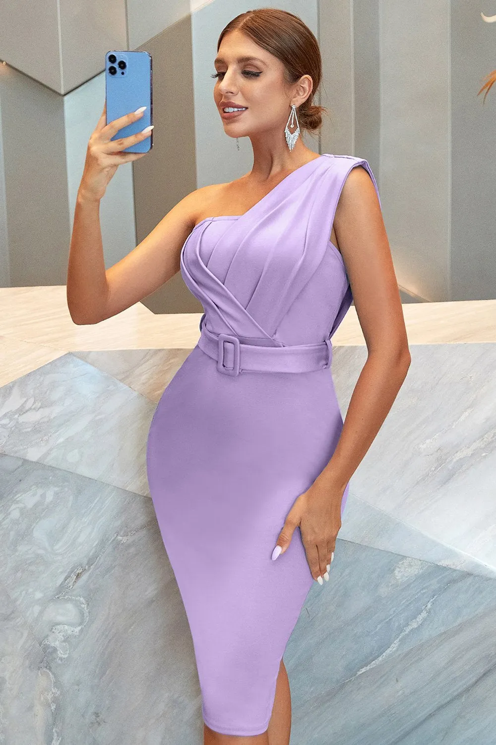 Lilac One Shoulder Ruched Bodycon Cocktail Dress With Belt sold by Zapaka product image thumbnail 4