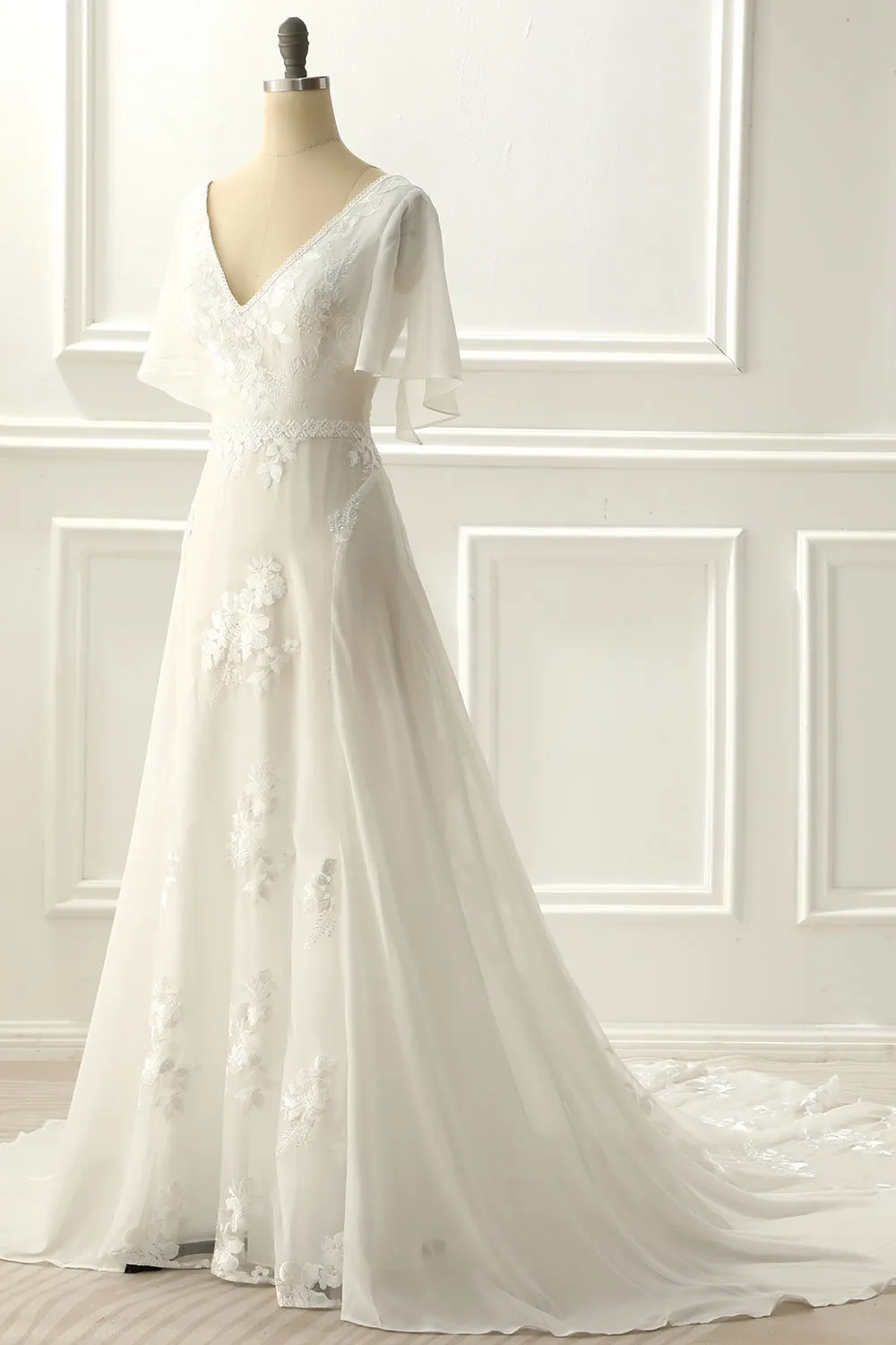 Ivory V Neck A Line Long Wedding Dress With Appliques sold by Zapaka product image thumbnail 3