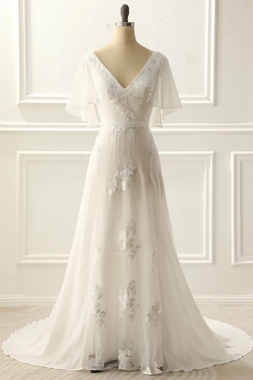 Ivory V Neck A Line Long Wedding Dress With Appliques sold by Zapaka
