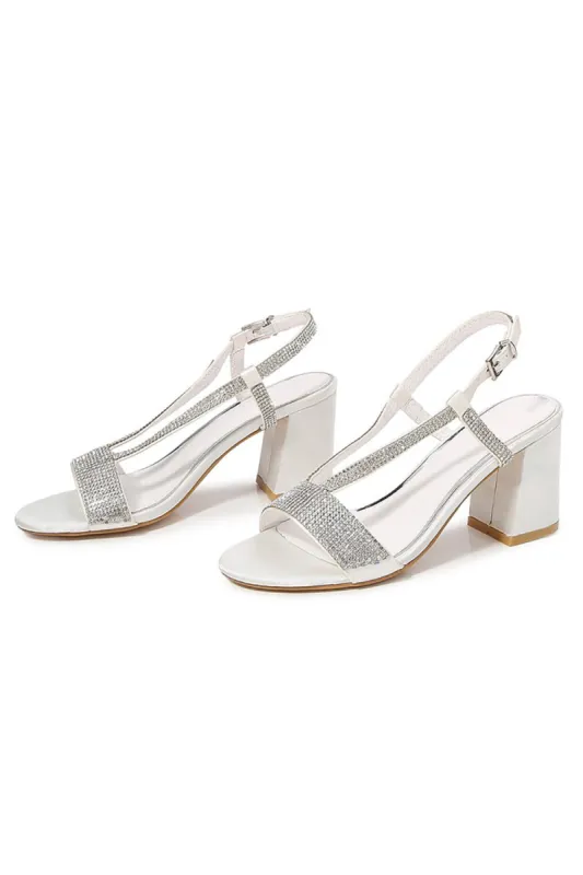 White Rhineshones Open Toe Block Heel Sandal sold by Zapaka