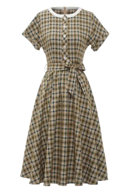 Khaki Green Grid Short Sleeves 1950s Vintage Dress sold by Zapaka