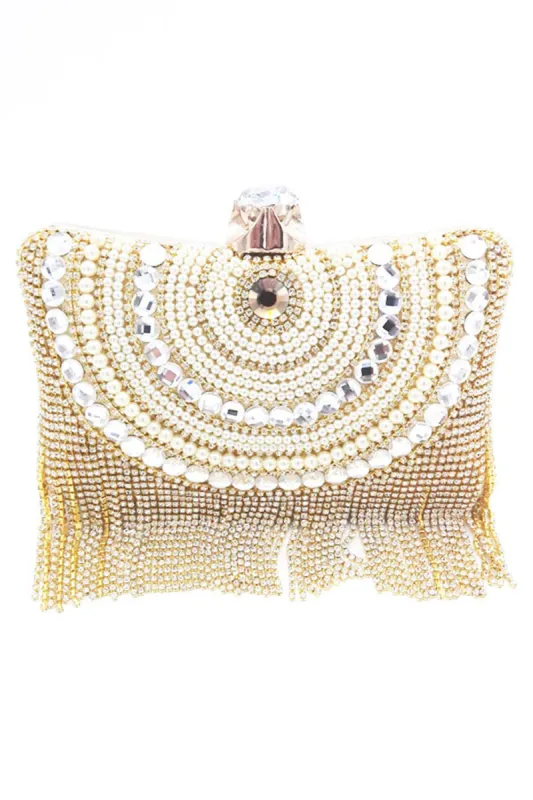 Golden Beaded Pearls Party Clutch sold by Zapaka