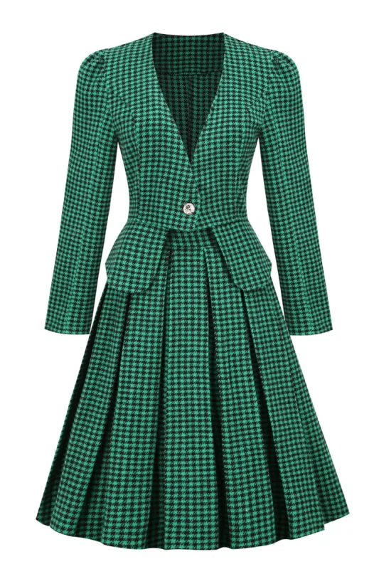 A Line V Neck Green Grid Plaid Vintage Dress sold by Zapaka