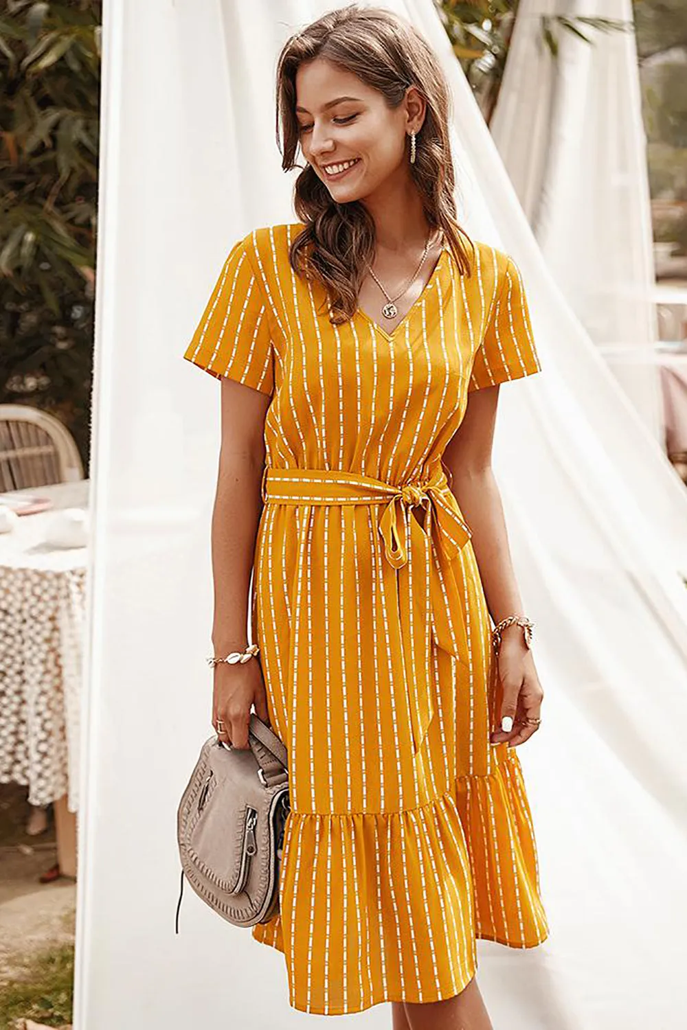 Yellow Striped Midi Casual Dress sold by Zapaka
