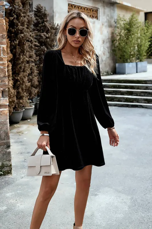 Black Velvet A line Holiday Party Dress with Pleated sold by Zapaka