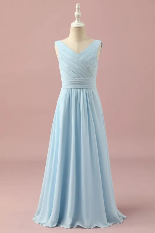Light Blue V-Neck Chiffon Junior Bridesmaid Dress sold by Zapaka