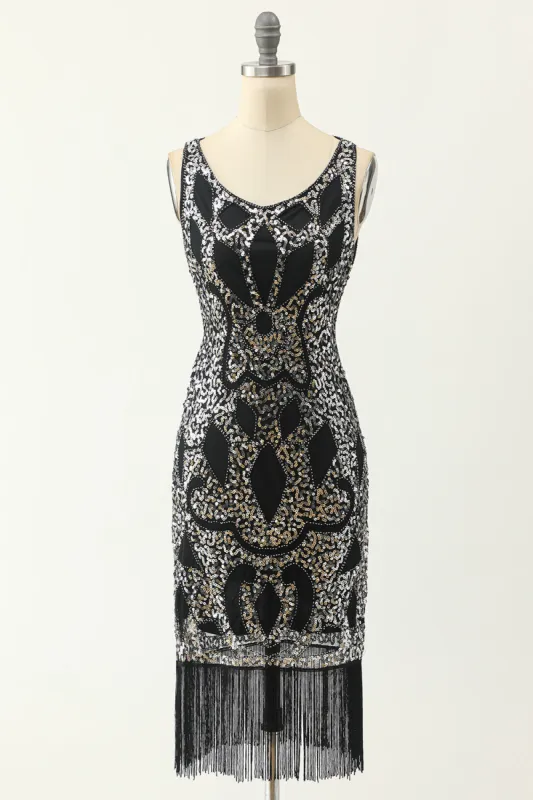 Scoop Neck Black Silver 1920s Dress sold by Zapaka