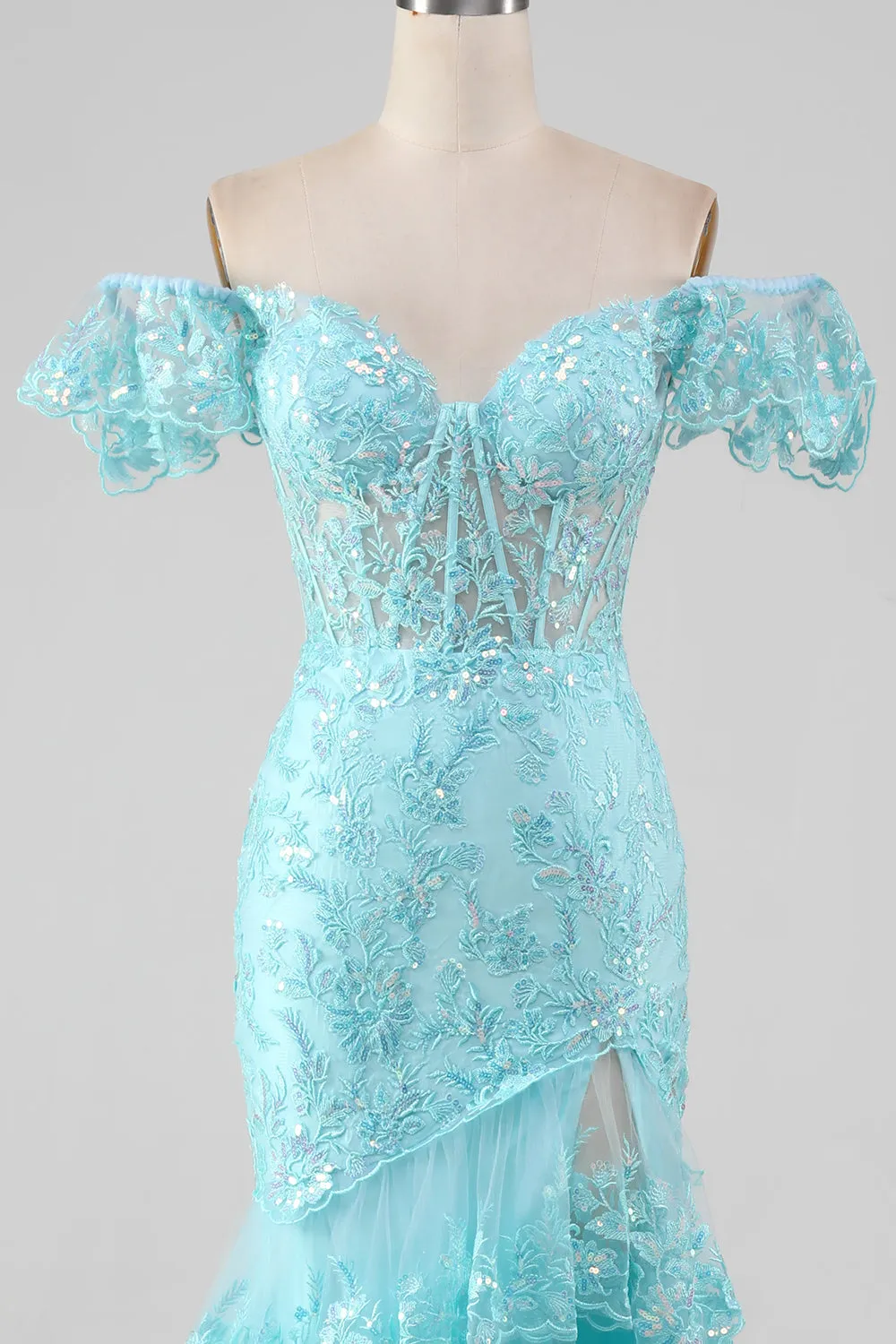 Sky Blue Off the Shoulder Lace and Sequin Mermaid Prom Dress with Slit sold by Zapaka product image thumbnail 4