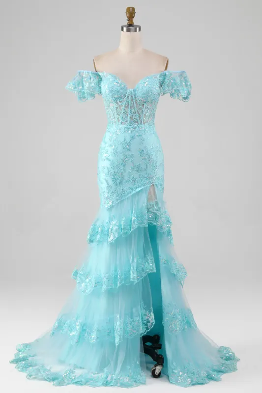 Sky Blue Off the Shoulder Lace and Sequin Mermaid Prom Dress with Slit sold by Zapaka