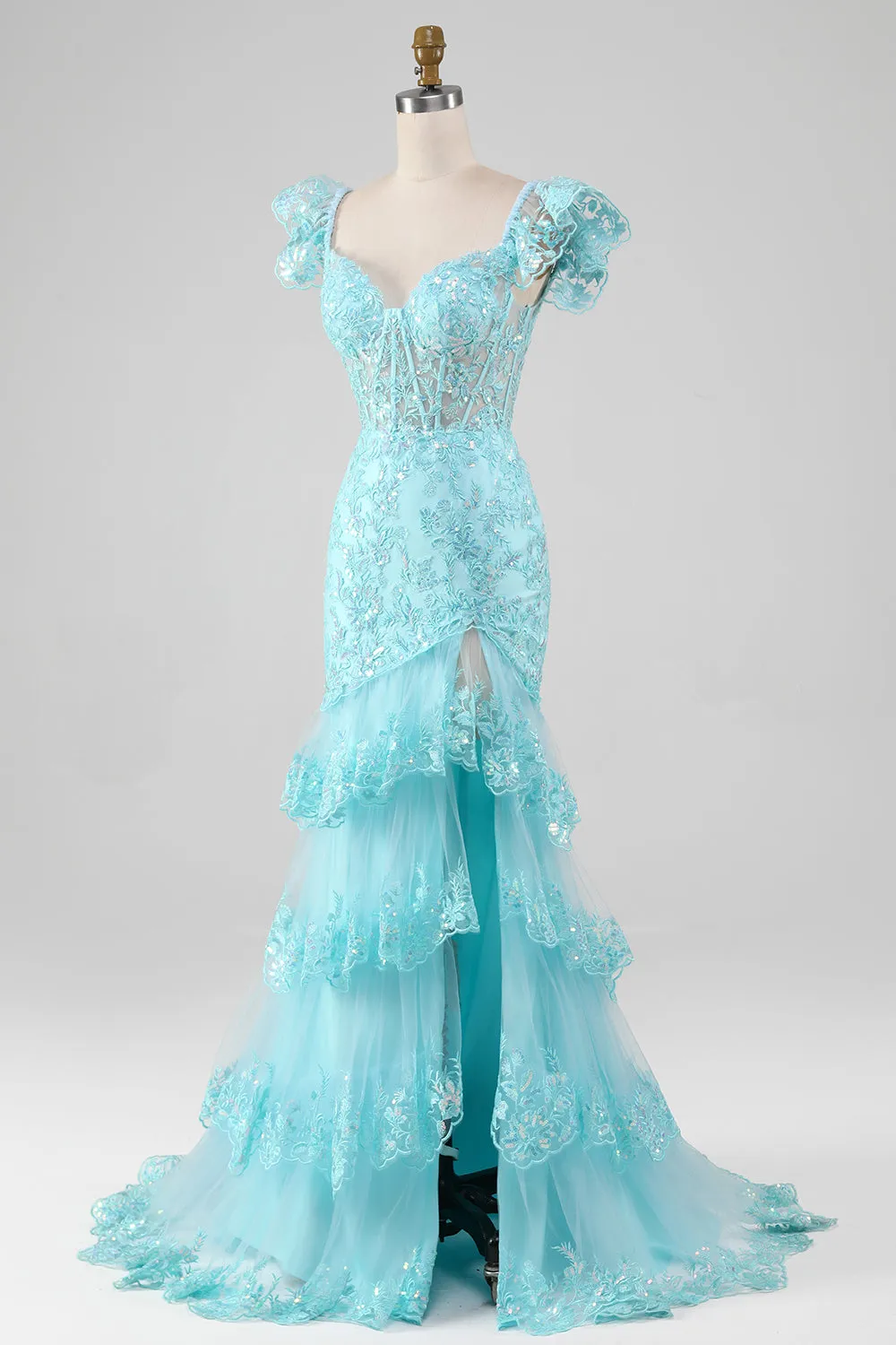 Sky Blue Off the Shoulder Lace and Sequin Mermaid Prom Dress with Slit sold by Zapaka product image thumbnail 3