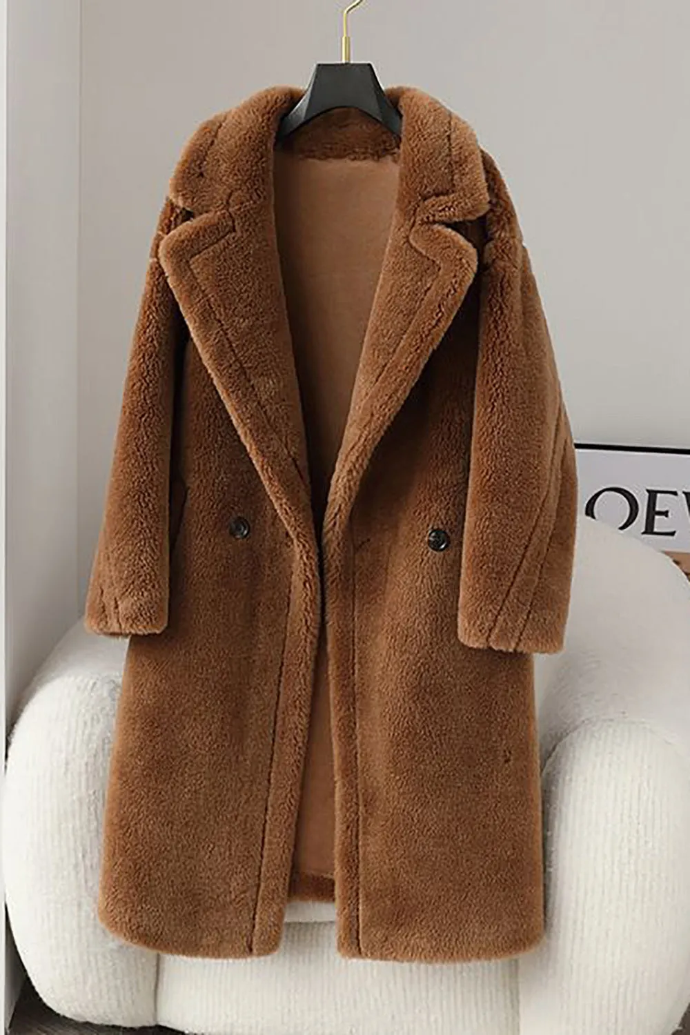 Brown Notched Lapel Long Teddy Wool coat sold by Zapaka product image thumbnail 3