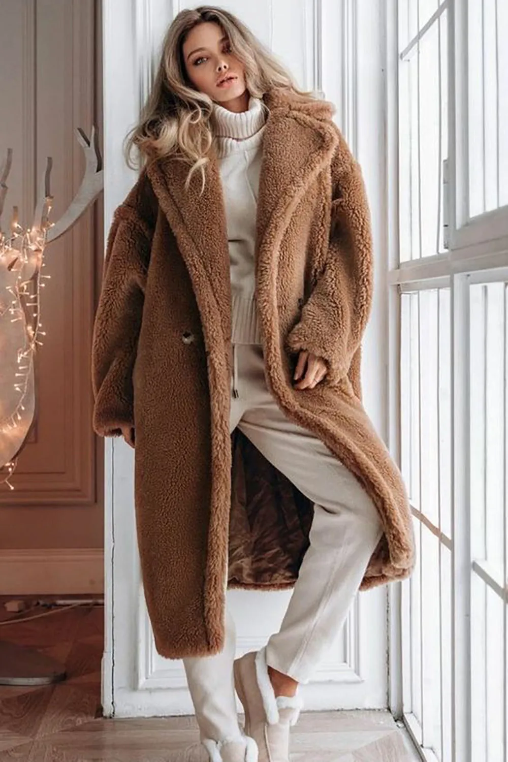Brown Notched Lapel Long Teddy Wool coat sold by Zapaka
