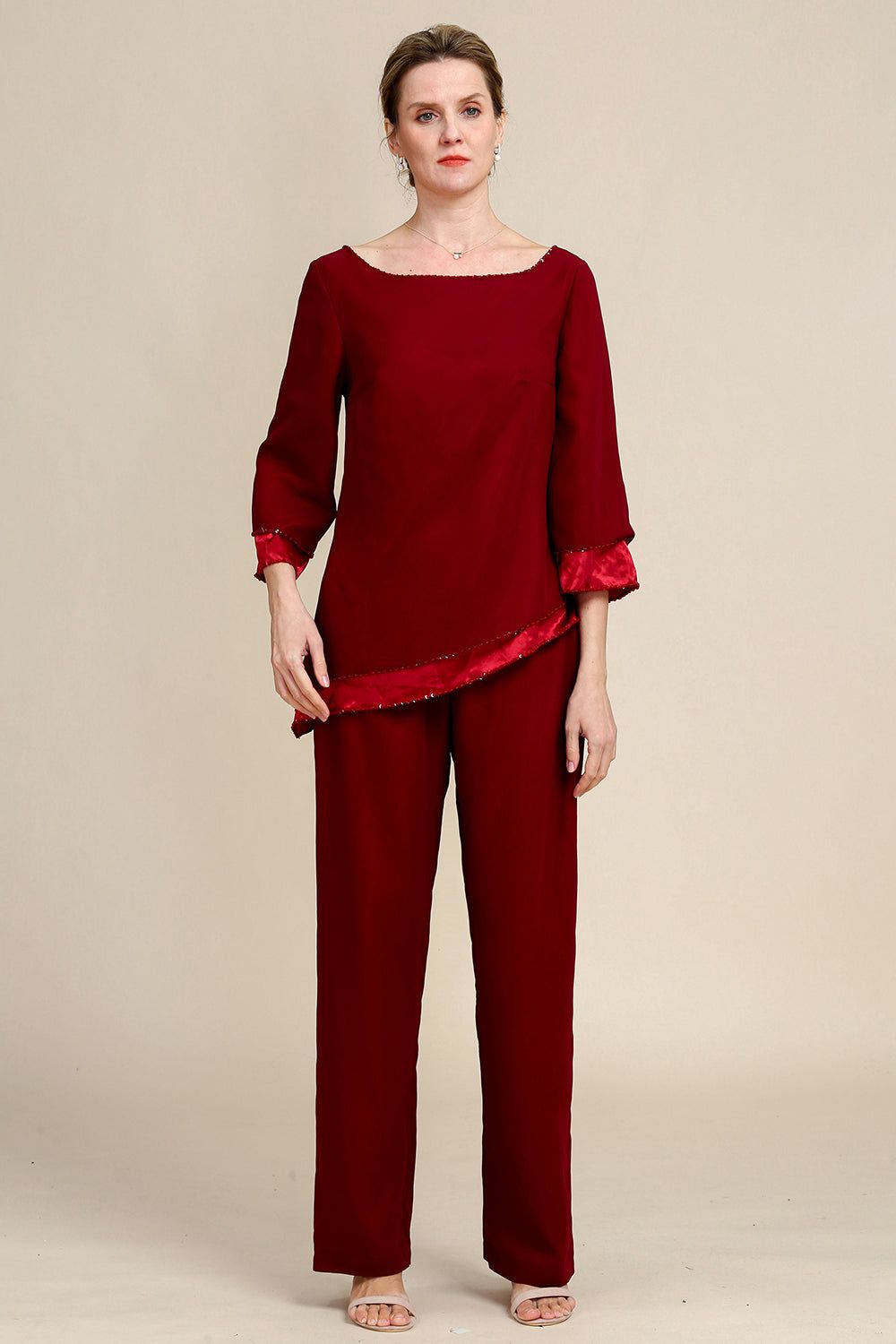 Burgundy Long Sleeves 2 Piece Mother of the Bride Pant Suits sold by Zapaka product image thumbnail 4