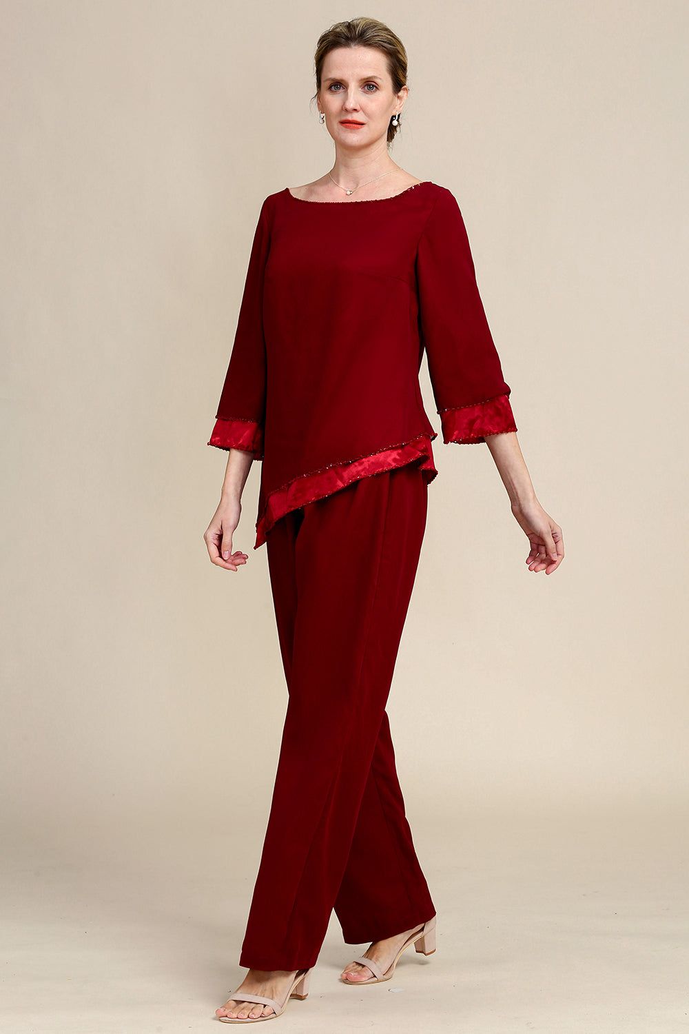 Burgundy Long Sleeves 2 Piece Mother of the Bride Pant Suits sold by Zapaka