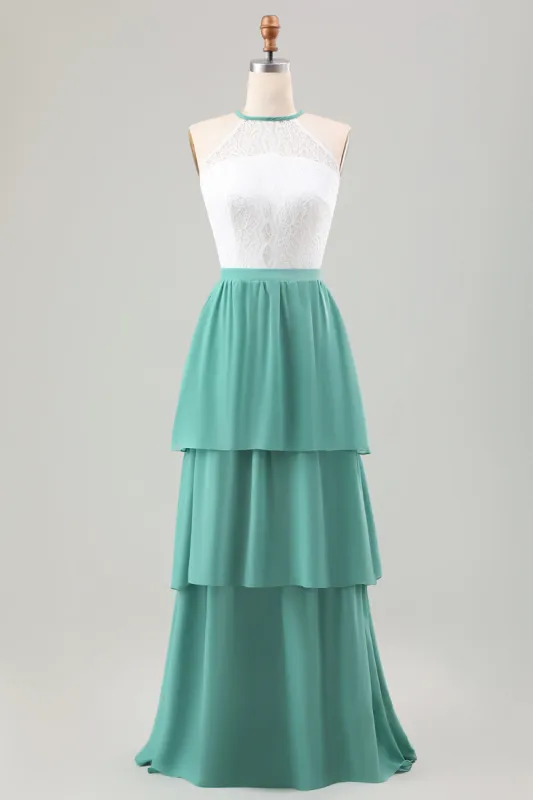 Eucalyptus A Line Tiered Ruffled Long Bridesmaid Dress With Lace sold by Zapaka