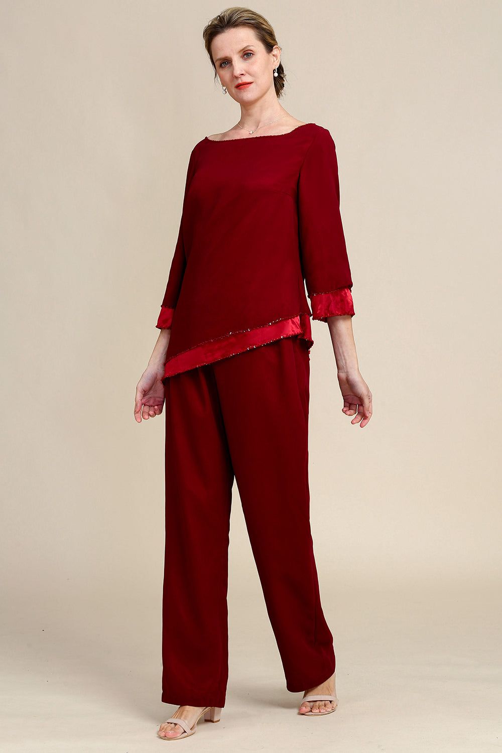 Burgundy Long Sleeves 2 Piece Mother of the Bride Pant Suits sold by Zapaka product image thumbnail 5