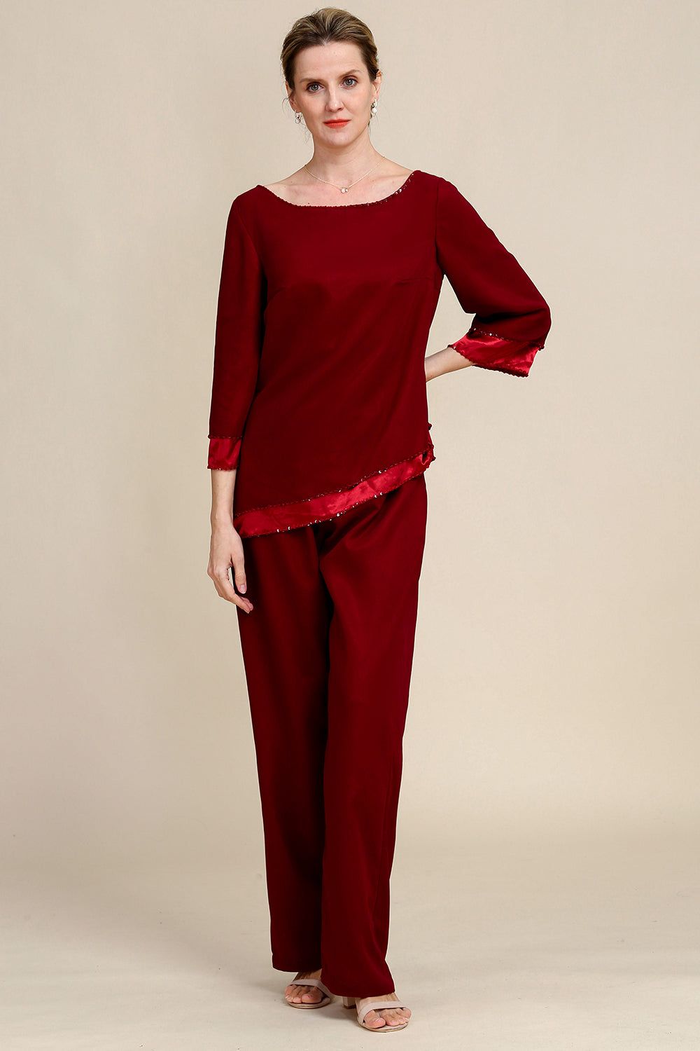 Burgundy Long Sleeves 2 Piece Mother of the Bride Pant Suits sold by Zapaka product image thumbnail 3