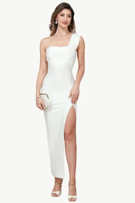 One Shoulder White Party Dress with Slit sold by Zapaka