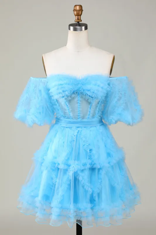 Cute A line Blue Tulle Off The Shoulder Short Homecoming Dress sold by Zapaka