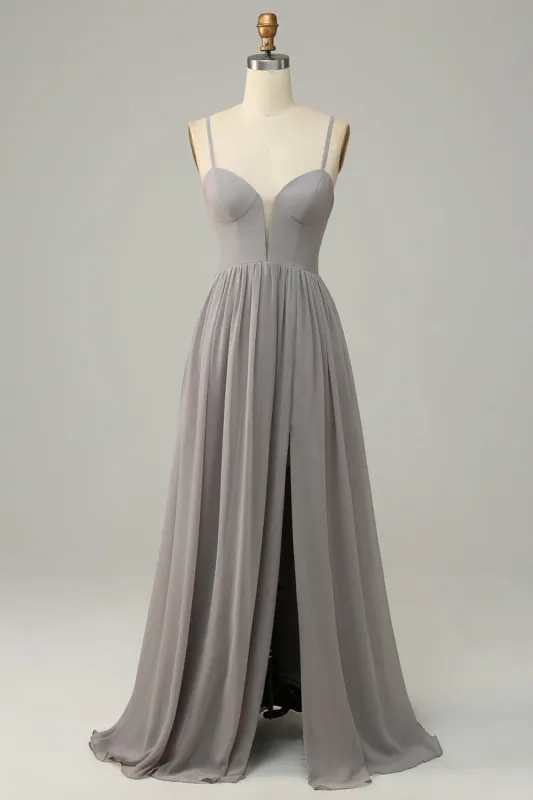 Silver A Line Spaghetti Straps Long Bridesmaid Dress With Slit sold by Zapaka