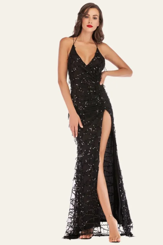 Black Spaghetti Straps V-Neck Backless Fringed Sequin Dress With Slit made by Zapaka