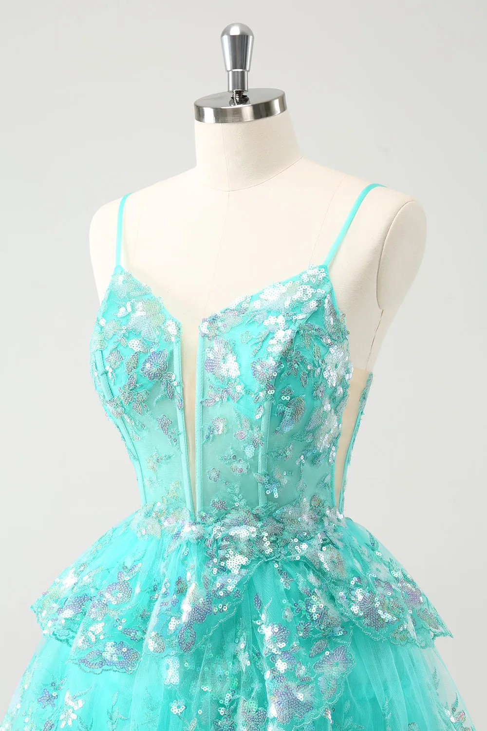 Cute Sparkly A-Line Green Spaghetti Straps Tiered Homecoming Dress with Sequins sold by Zapaka product image thumbnail 5