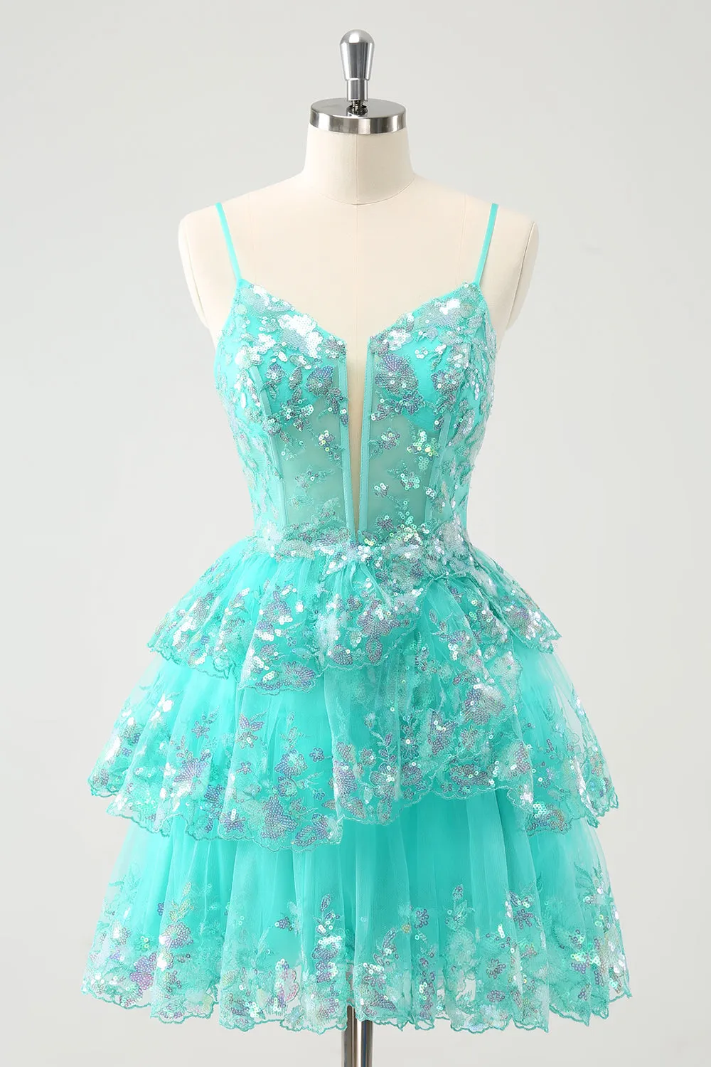 Cute Sparkly A-Line Green Spaghetti Straps Tiered Homecoming Dress with Sequins sold by Zapaka