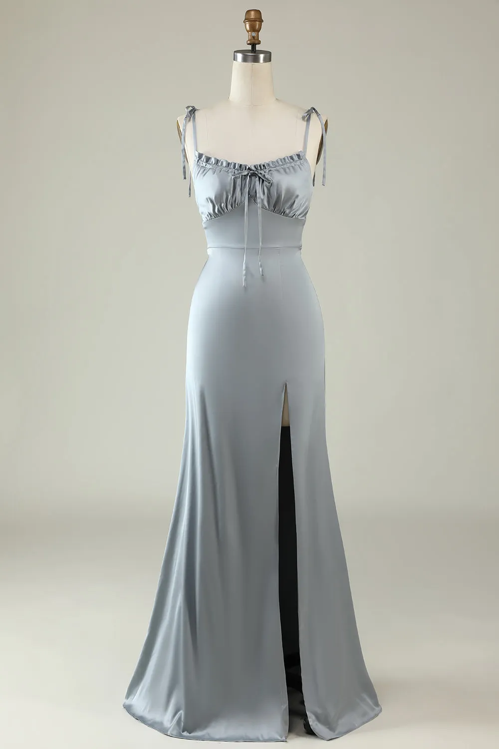 Spaghetti Straps Satin Grey Bridesmaid Dress with Slit sold by Zapaka