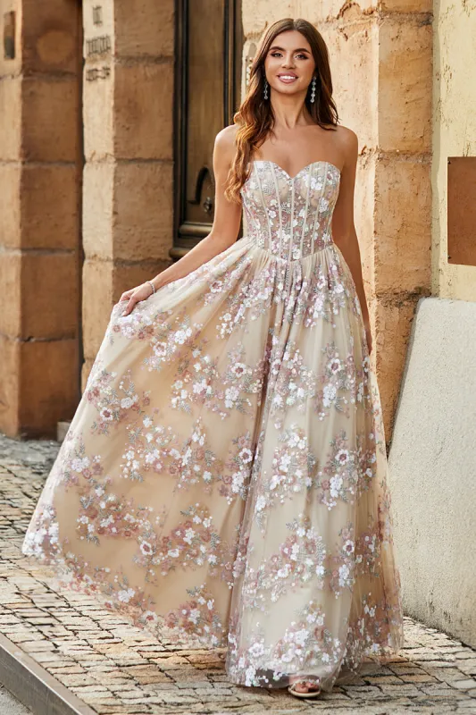 Luxurious A Line Sweetheart Corset Champagne Prom Dress with Appliques sold by Zapaka