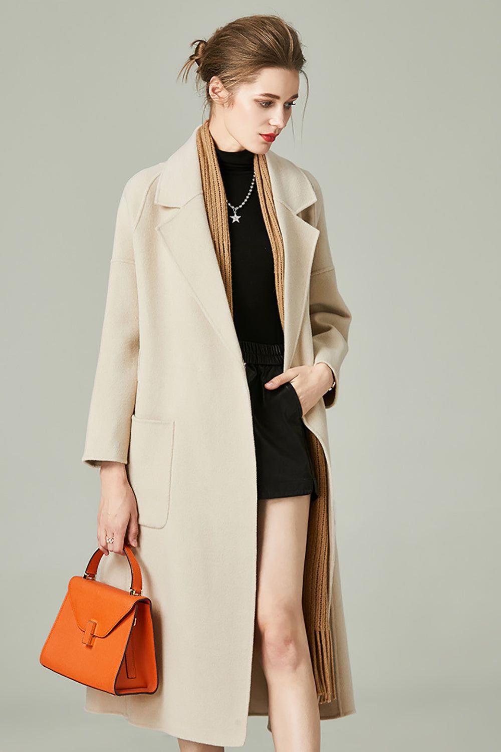 Apricot Notched Lapel Slim Fit Long Wool Blend Coat with Belt sold by Zapaka product image thumbnail 5