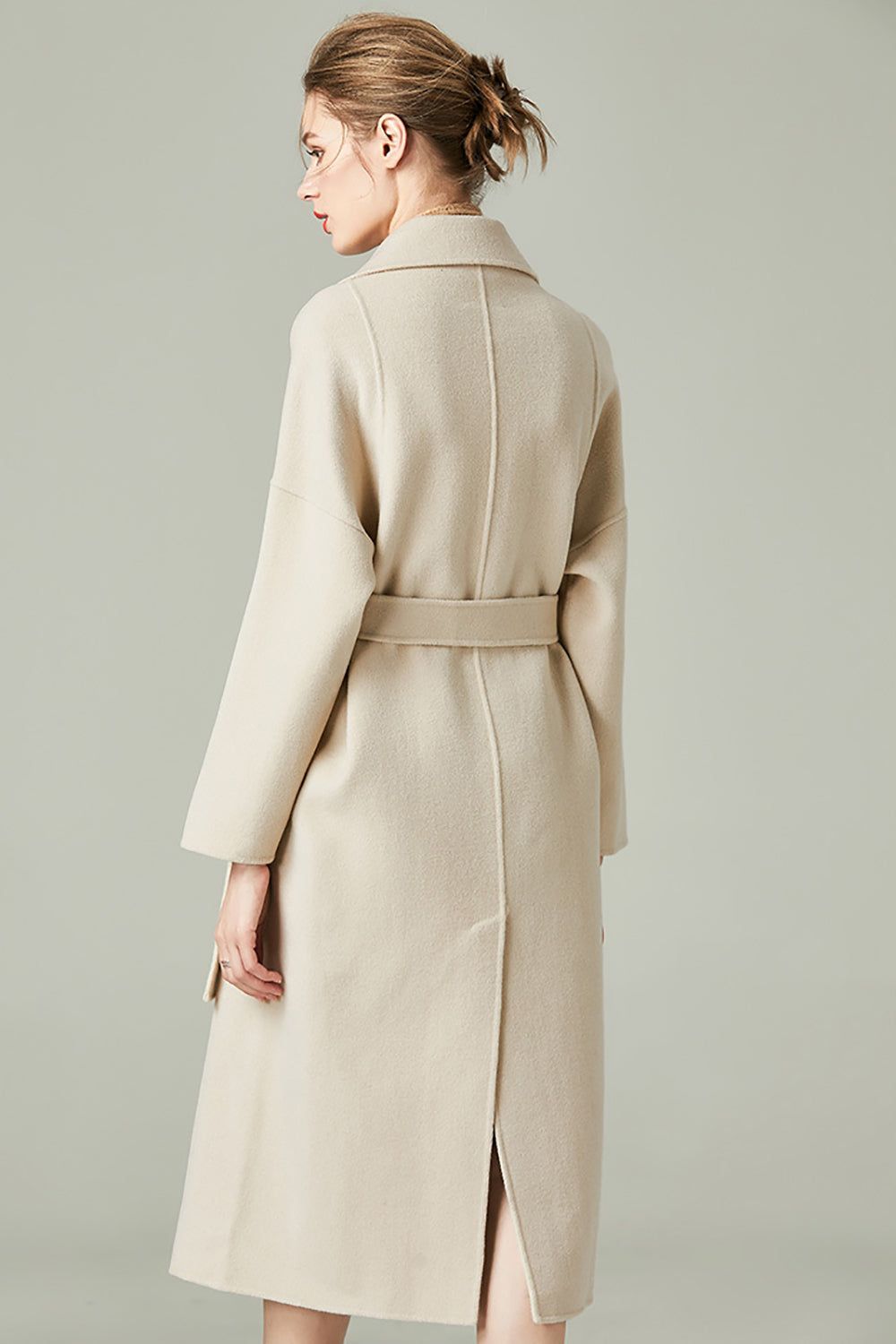 Apricot Notched Lapel Slim Fit Long Wool Blend Coat with Belt sold by Zapaka product image thumbnail 2