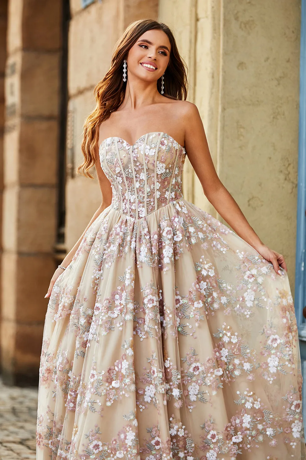 Luxurious A Line Sweetheart Corset Champagne Prom Dress with Appliques sold by Zapaka product image thumbnail 5