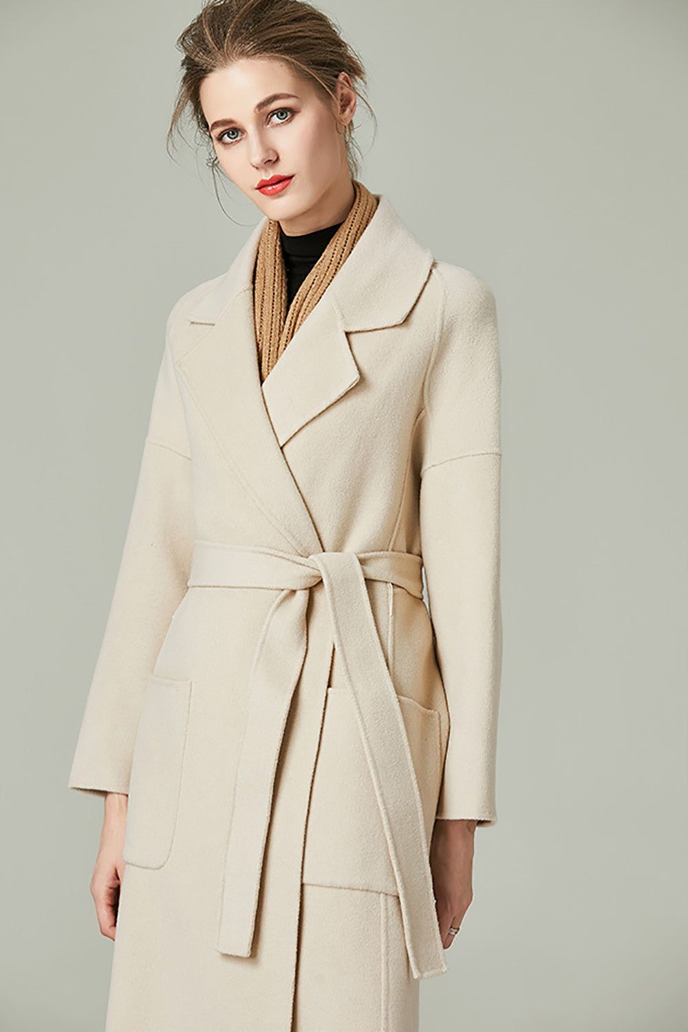 Apricot Notched Lapel Slim Fit Long Wool Blend Coat with Belt sold by Zapaka product image thumbnail 3