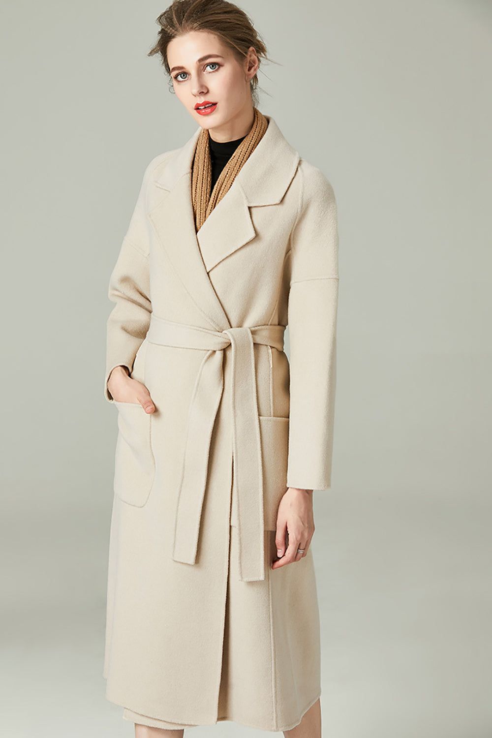 Apricot Notched Lapel Slim Fit Long Wool Blend Coat with Belt sold by Zapaka