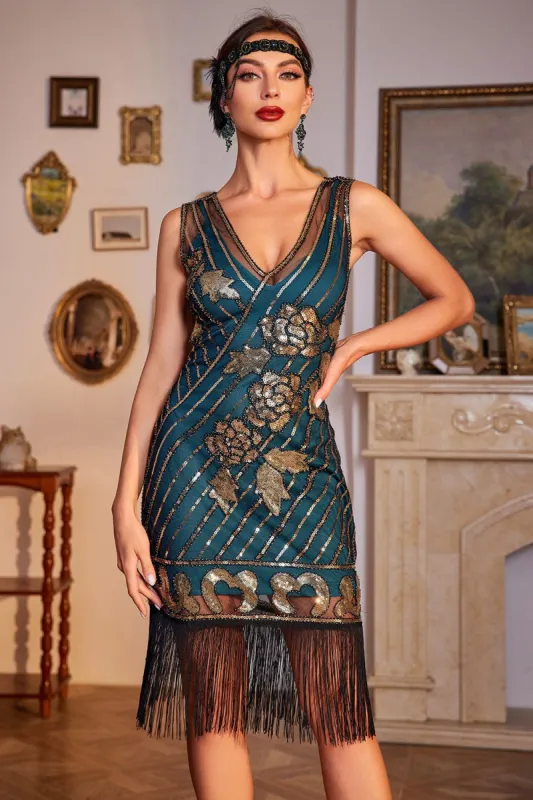 Dark Green Glitter Fringes Flapper Great Gatsby Dress with Sleveless sold by Zapaka
