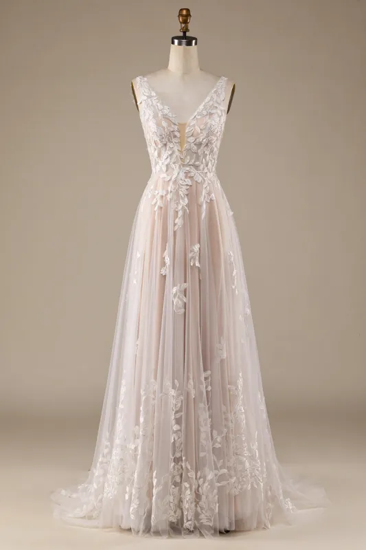 Champagne V-Neck Backless Tulle Wedding Dress with Lace sold by Zapaka