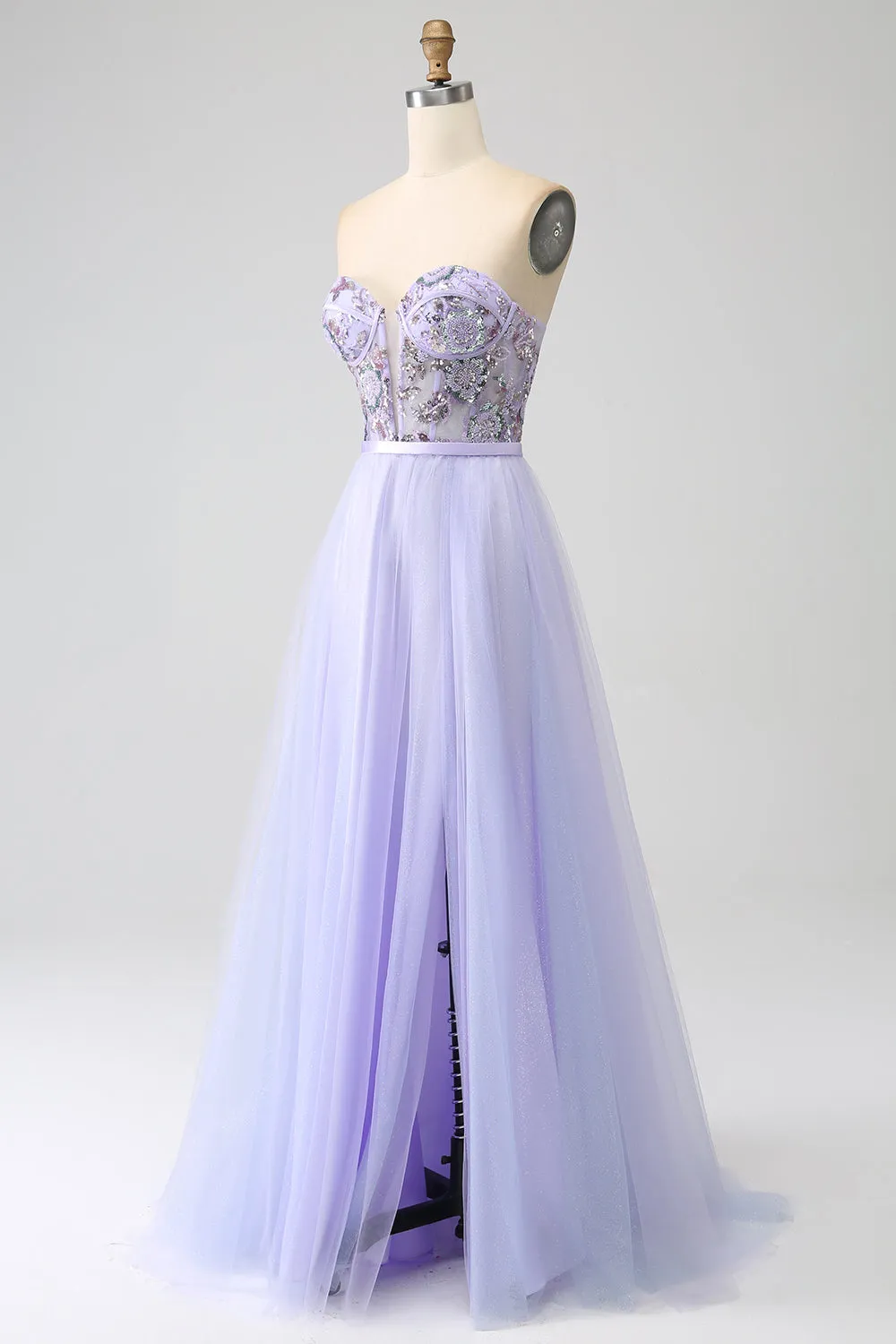 Lavender A Line Tulle Corset Prom Dress with Slit sold by Zapaka product image thumbnail 3