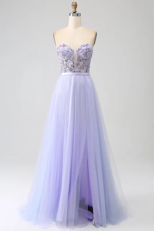 Lavender A Line Tulle Corset Prom Dress with Slit sold by Zapaka