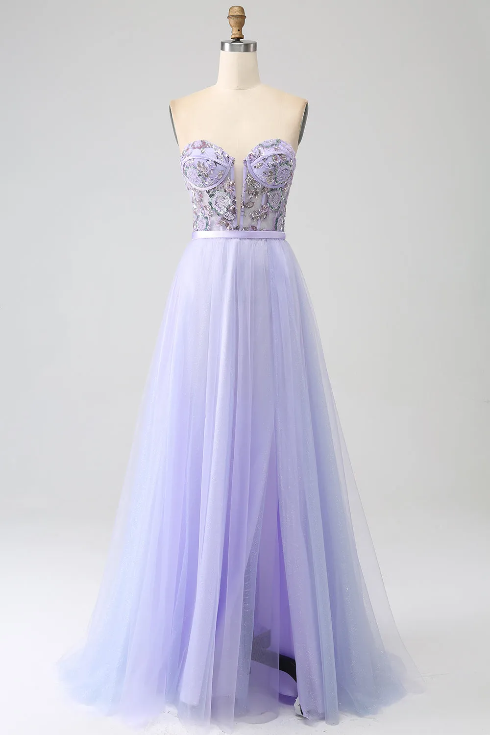 Lavender A Line Tulle Corset Prom Dress with Slit sold by Zapaka