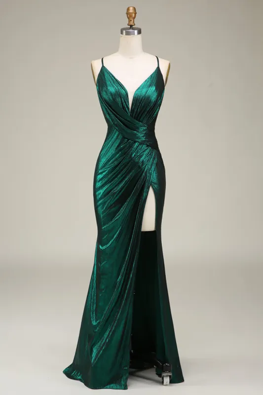 Hot Mermaid Spaghetti Straps Dark Green Long Prom Dress with Open Back sold by Zapaka